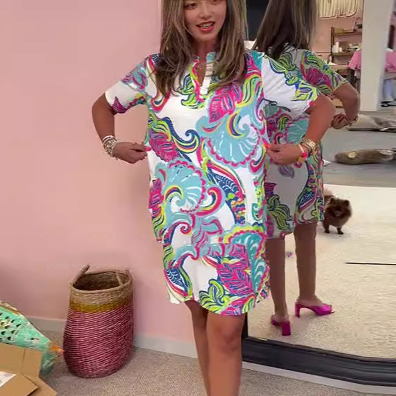 Women Colorful Printed V-Neck Dress(Free Shipping)