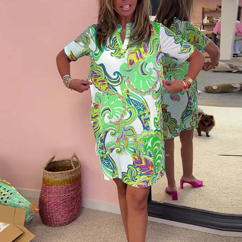 Women Colorful Printed V-Neck Dress(Free Shipping)