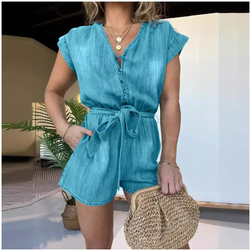 đ„Limit Time 50% OFFđ„Womenâs V-Neck Short-Sleeved Jumpsuit with Waistband