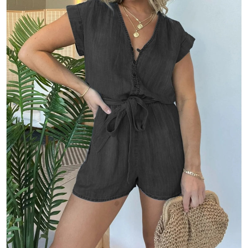 đ„Limit Time 50% OFFđ„Womenâs V-Neck Short-Sleeved Jumpsuit with Waistband