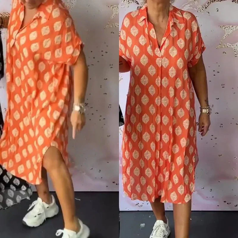 š„ćBUY 2 Free Shippingļ¼ćš„Womenās Lapel Short-Sleeve Print Slit Hem Dress