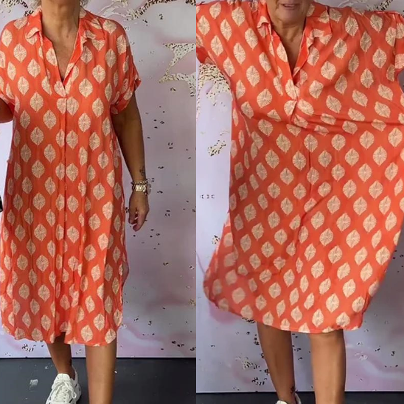 š„ćBUY 2 Free Shippingļ¼ćš„Womenās Lapel Short-Sleeve Print Slit Hem Dress