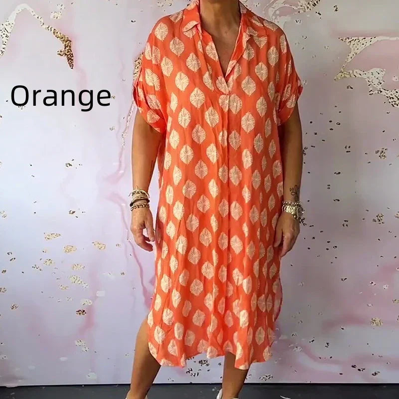 š„ćBUY 2 Free Shippingļ¼ćš„Womenās Lapel Short-Sleeve Print Slit Hem Dress