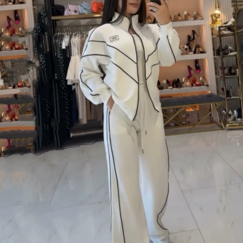 Turtleneck Striped Top & Wide-Leg Pants 2-Piece Set