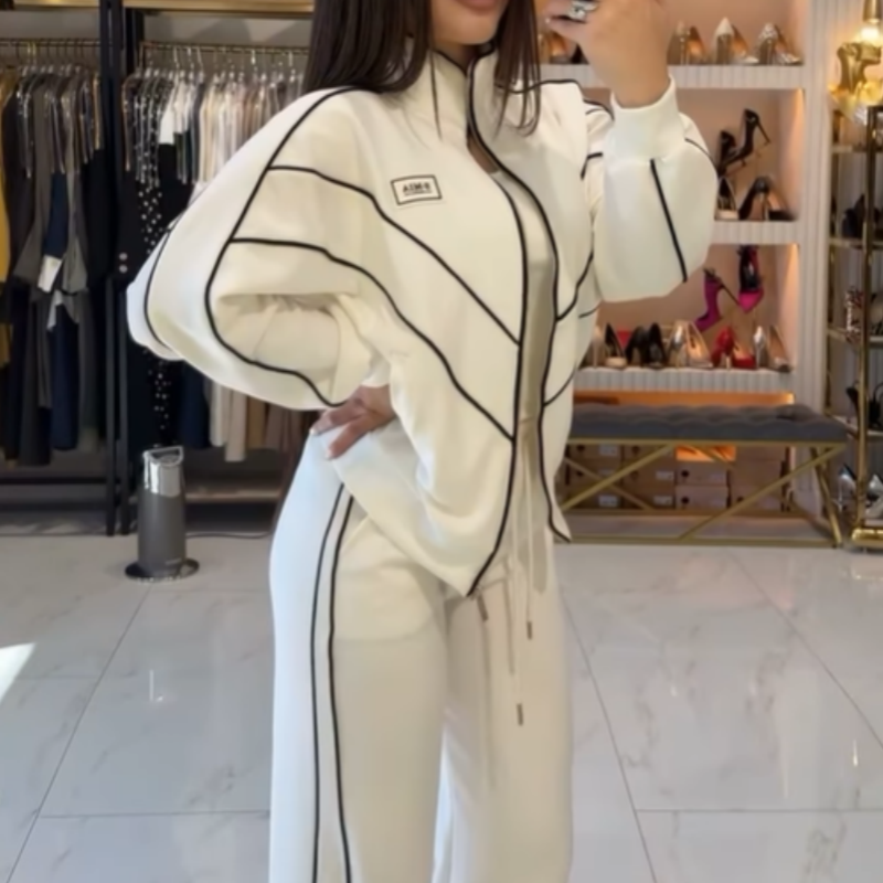 Turtleneck Striped Top & Wide-Leg Pants 2-Piece Set
