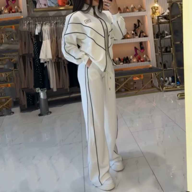 Turtleneck Striped Top & Wide-Leg Pants 2-Piece Set