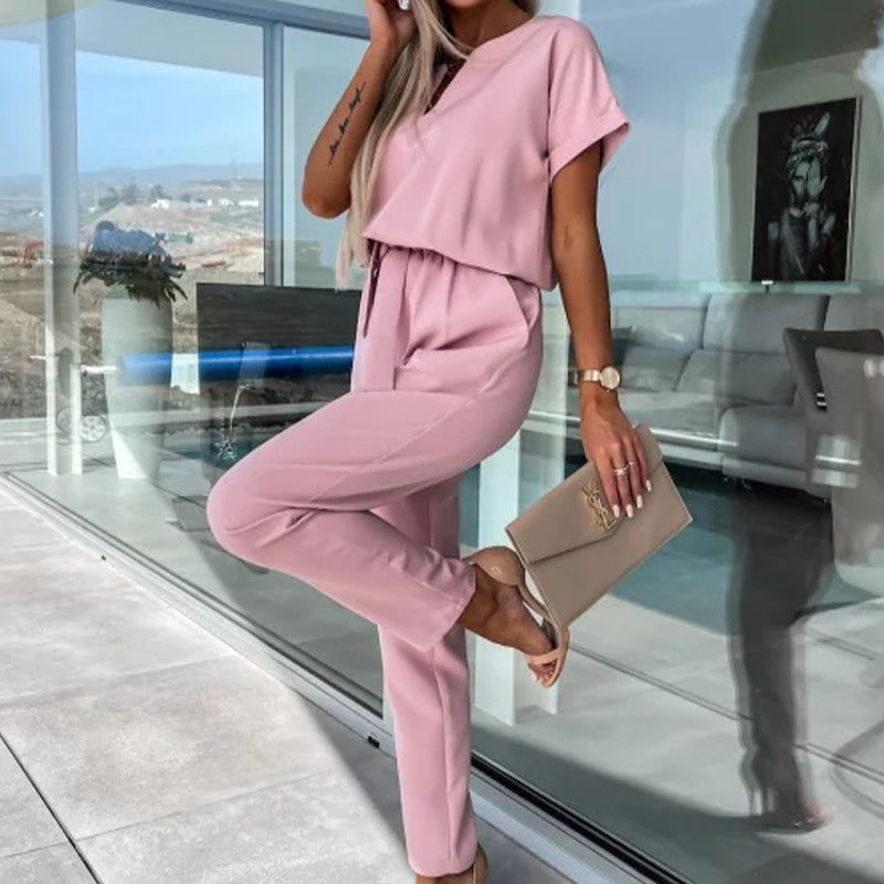 Women's Trendy V-Neck Short Sleeve Jumpsuit with Tie Waist