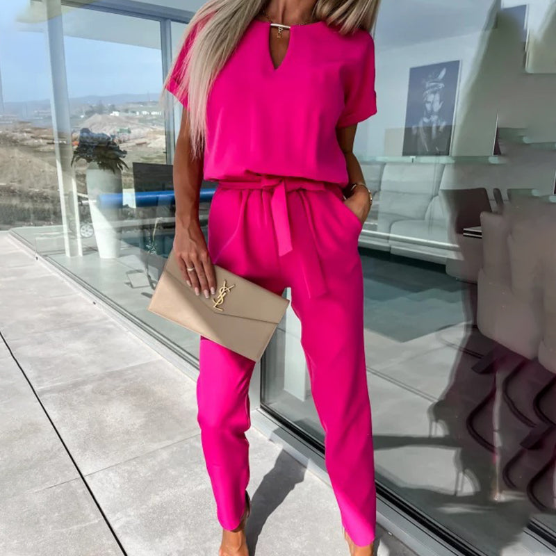 Women's Trendy V-Neck Short Sleeve Jumpsuit with Tie Waist
