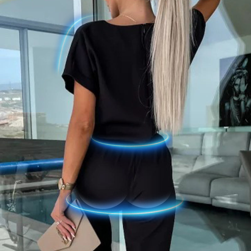 Women's Trendy V-Neck Short Sleeve Jumpsuit with Tie Waist