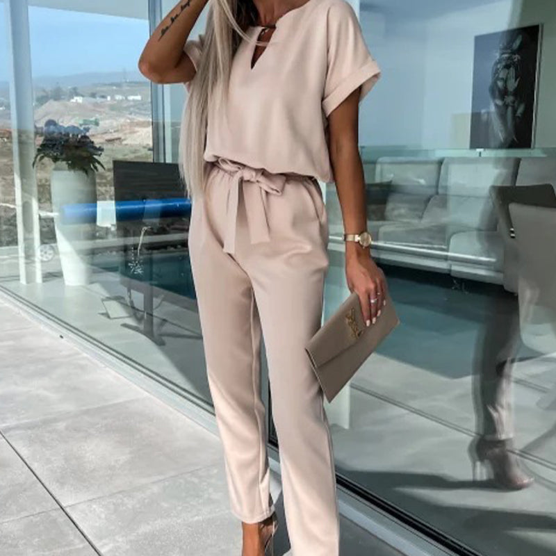 Women's Trendy V-Neck Short Sleeve Jumpsuit with Tie Waist