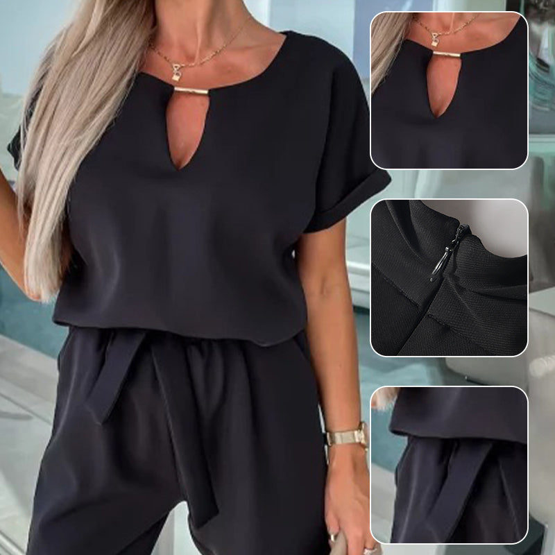 Women's Trendy V-Neck Short Sleeve Jumpsuit with Tie Waist