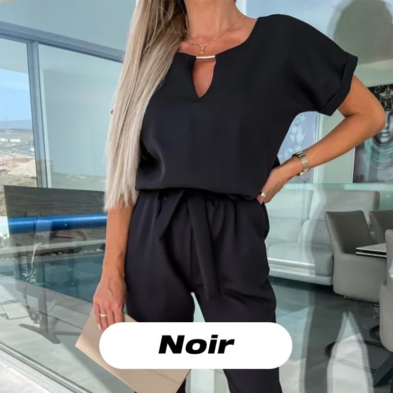 Women's Trendy V-Neck Short Sleeve Jumpsuit with Tie Waist