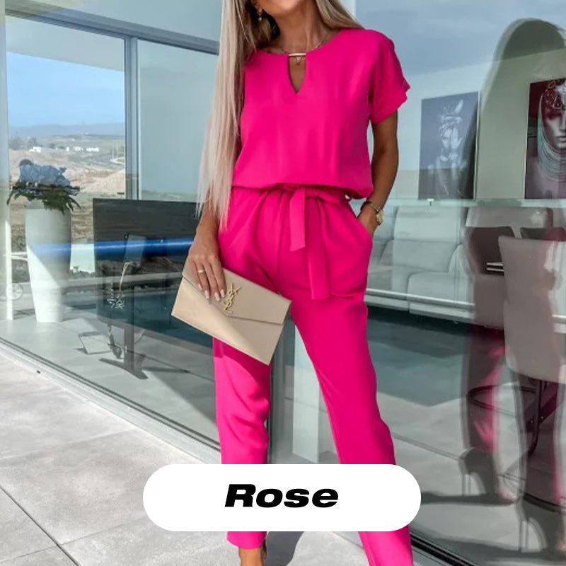 Women's Trendy V-Neck Short Sleeve Jumpsuit with Tie Waist