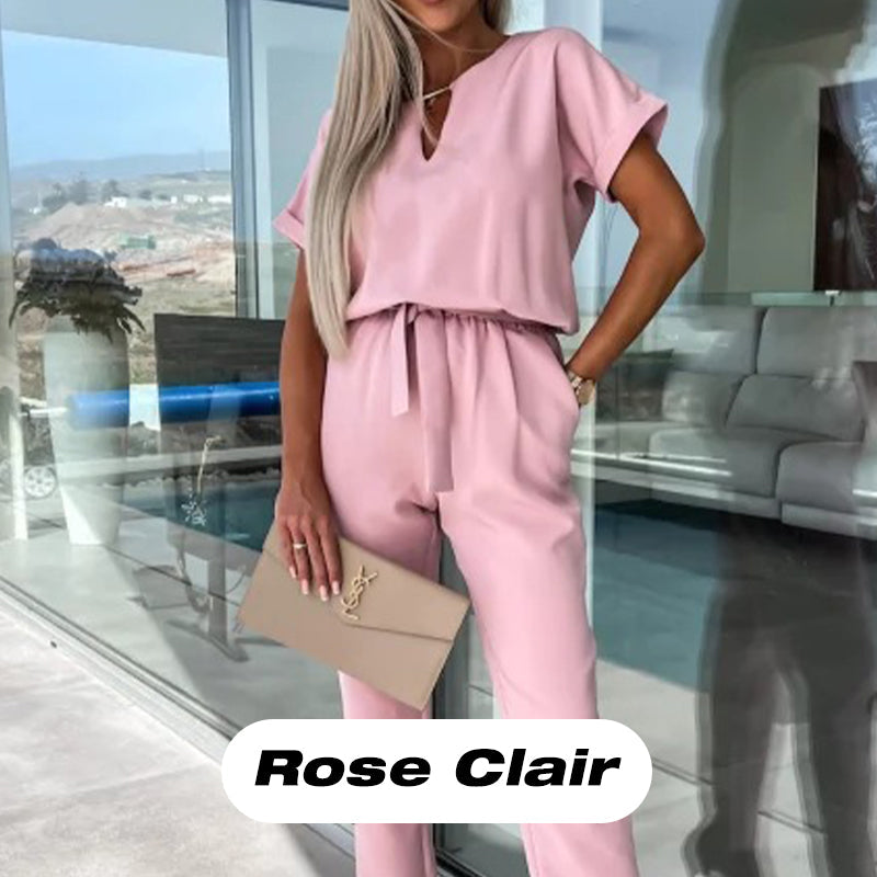 Women's Trendy V-Neck Short Sleeve Jumpsuit with Tie Waist