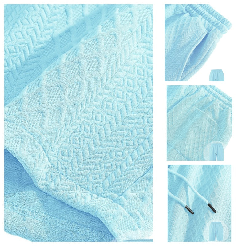Men’s Diamond Pattern Turn-Down Collar Short Sleeve Top & Drawstring Shorts 2-Piece Set