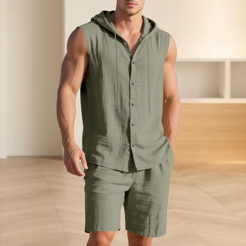 Men's Casual Linen Hooded Tank Top & Shorts Set