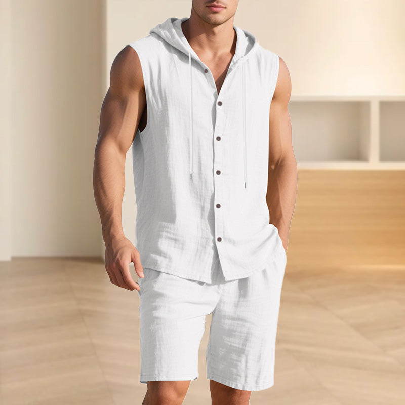 Men's Casual Linen Hooded Tank Top & Shorts Set