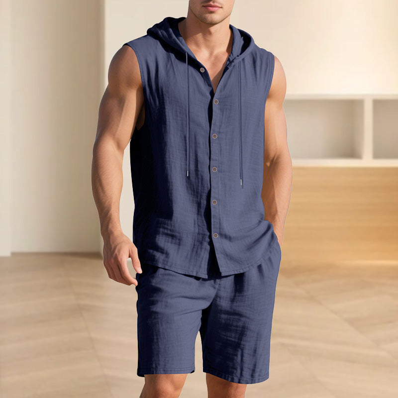 Men's Casual Linen Hooded Tank Top & Shorts Set
