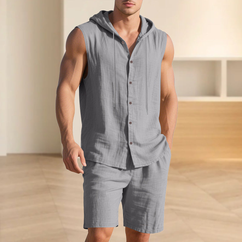 Men's Casual Linen Hooded Tank Top & Shorts Set