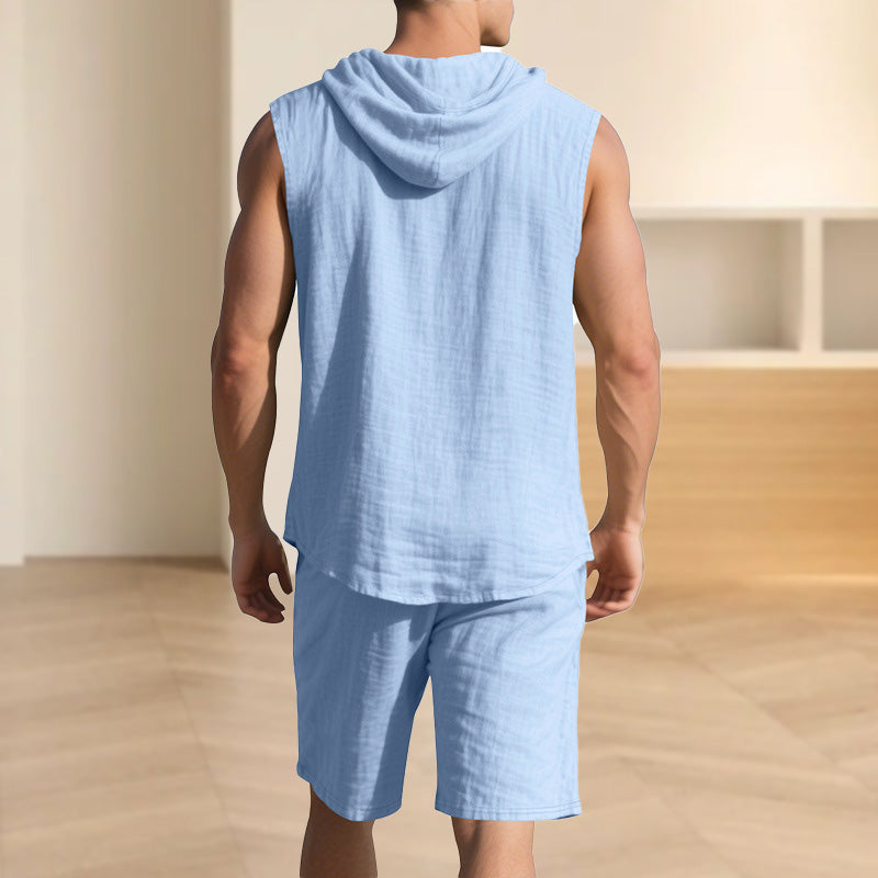 Men's Casual Linen Hooded Tank Top & Shorts Set