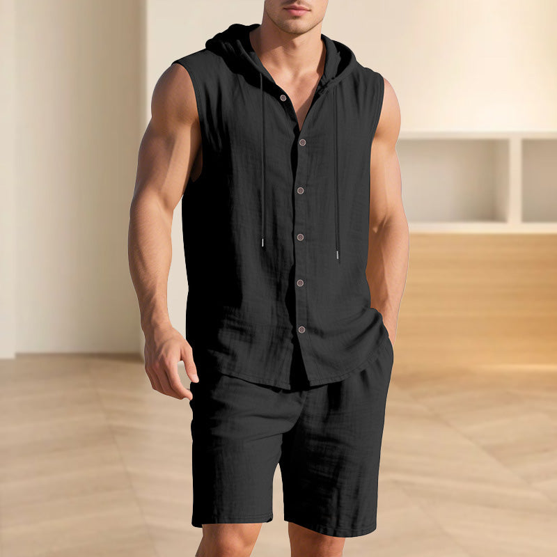 Men's Casual Linen Hooded Tank Top & Shorts Set