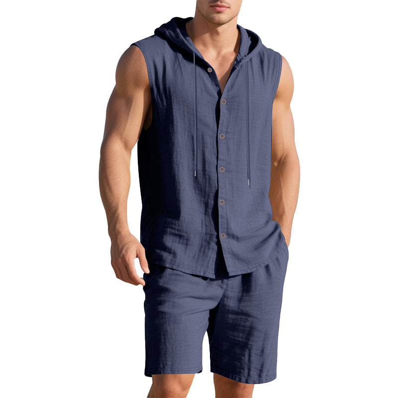 Men's Casual Linen Hooded Tank Top & Shorts Set