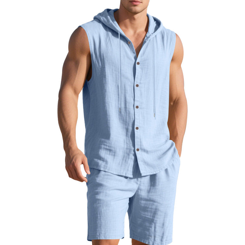 Men's Casual Linen Hooded Tank Top & Shorts Set