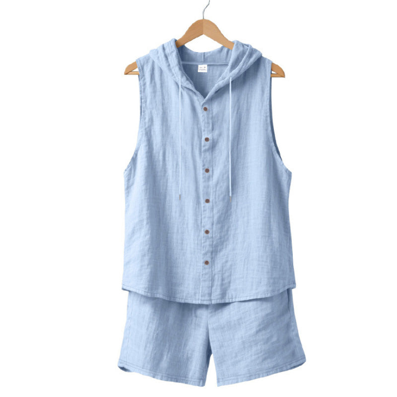 Men's Casual Linen Hooded Tank Top & Shorts Set