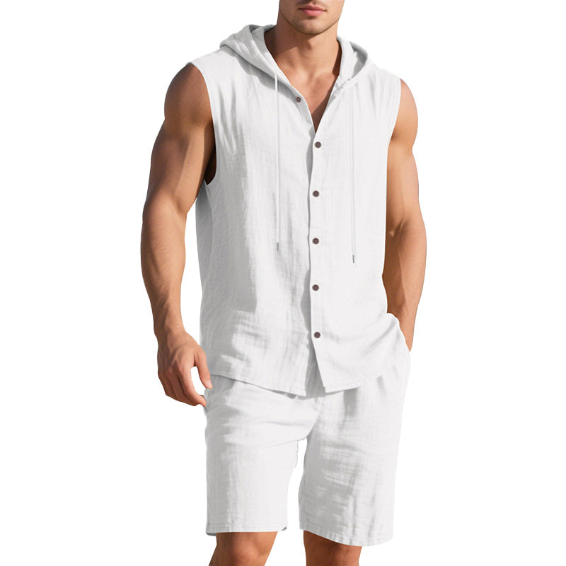 Men's Casual Linen Hooded Tank Top & Shorts Set