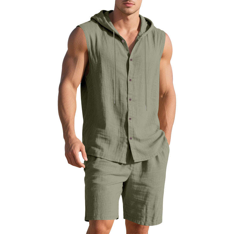 Men's Casual Linen Hooded Tank Top & Shorts Set