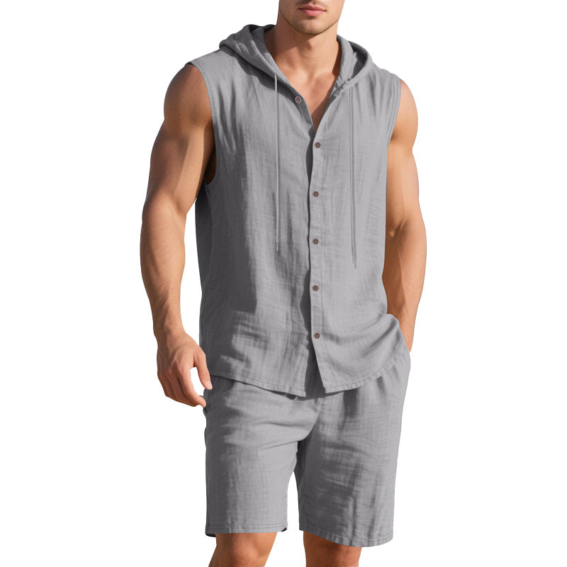 Men's Casual Linen Hooded Tank Top & Shorts Set