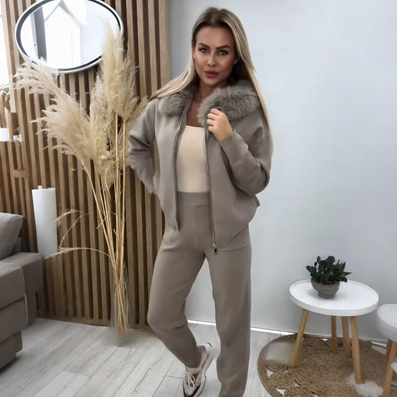 đ„Hot Sale Offers-Womenâs Plush Collar Zip-Up Hoodie & Jogger Set