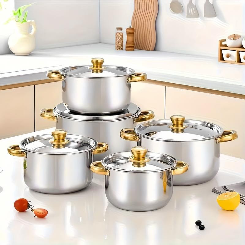 💎 -50% ON 5-PC STAINLESS STEEL SET! 💎 Thickened Pots, Glass Lids & Elegant Gold Accents for Any Stovetop