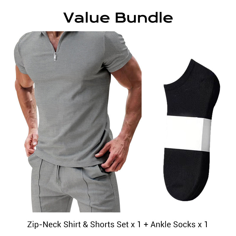 👔 LIMITED-TIME 50% OFF! ✨ Zip-Neck Shirt & Shorts Set – Casual, Summer, Waffle Knit ✨