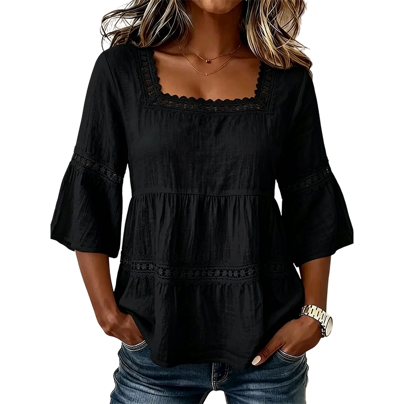 šø LIMITED-TIME 50% OFF! š„ Elegant Square Neck Summer Blouse ā Boho Lace, Bell Sleeves, Tiered Flow āØ
