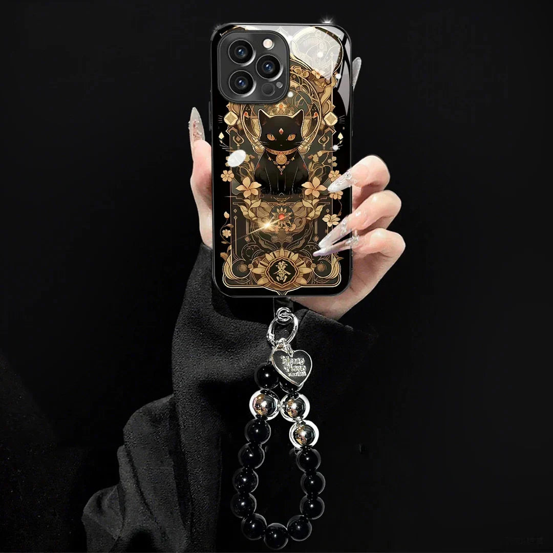 📢📢50 % OFF !!⏰Black Cat & Gold Pattern Phone Cover with Strap