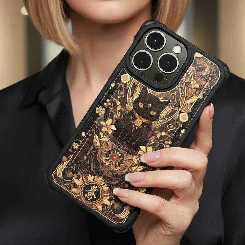 📢📢50 % OFF !!⏰Black Cat & Gold Pattern Phone Cover with Strap