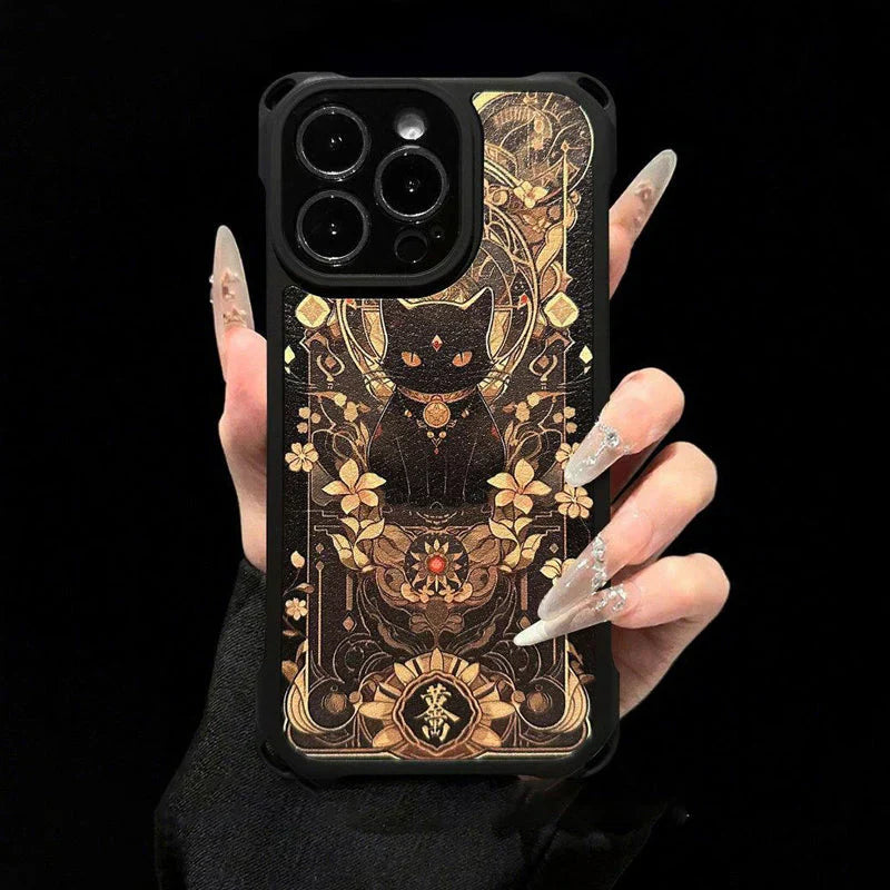 📢📢50 % OFF !!⏰Black Cat & Gold Pattern Phone Cover with Strap