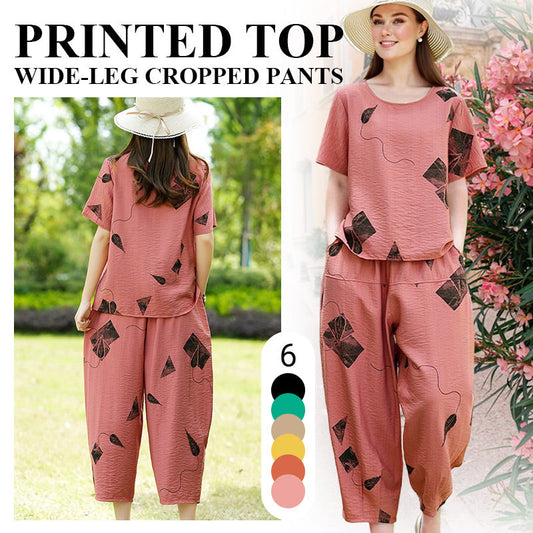 Buy 2 Get Free Shipping💖Women's Printed Short-Sleeved Top & Wide-Leg Cropped Pants Set