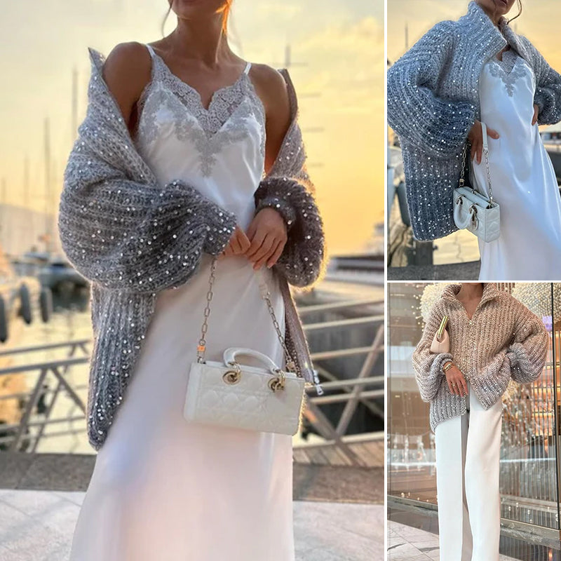 🔥Last day sale - 55% OFF🔥Knitted Sweater Jacket With Monochromatic Sequins