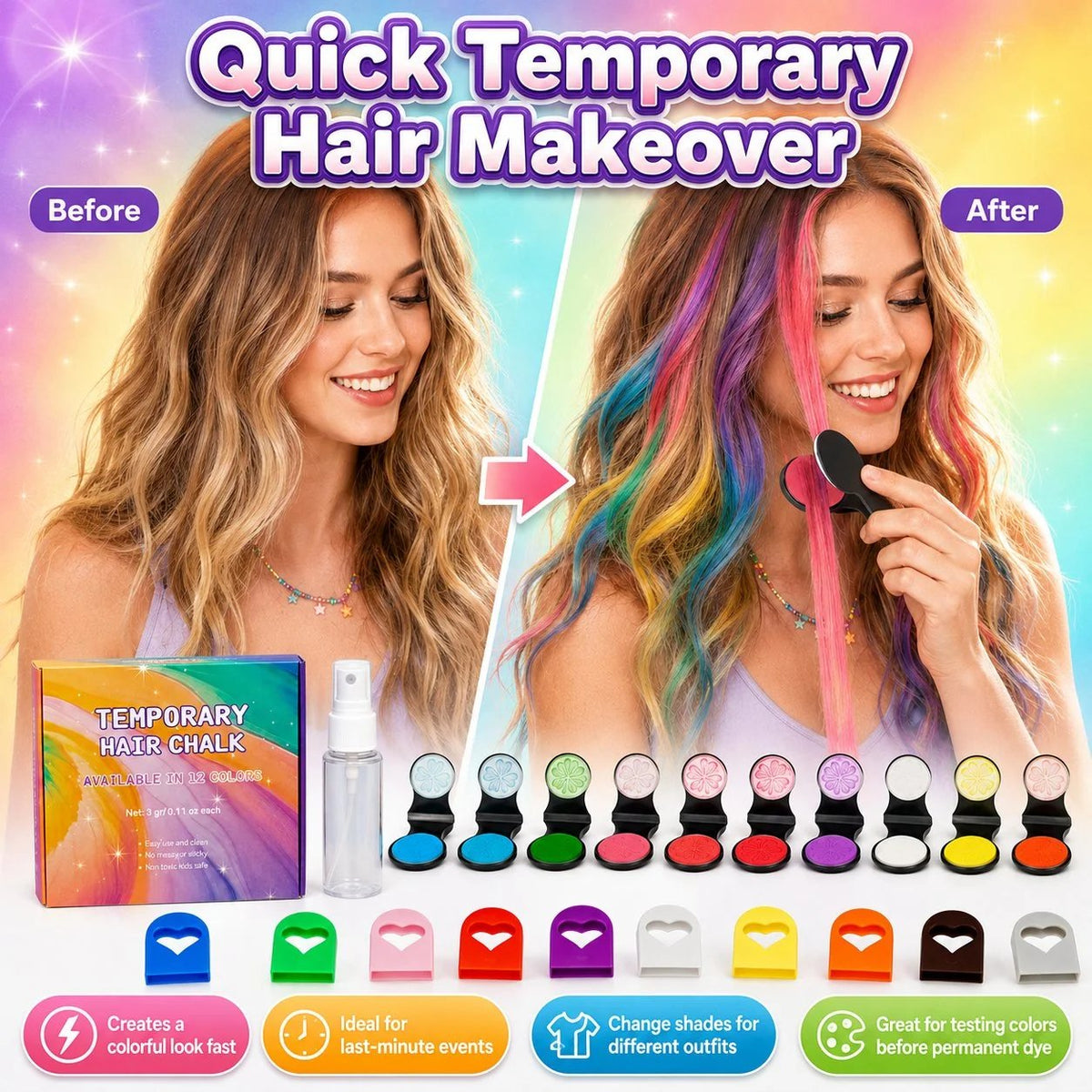 ⏳Time-Limited Special⏰12-Color Temporary Hair Chalk Applicator Set🎁-Ready for Christmas!🎅