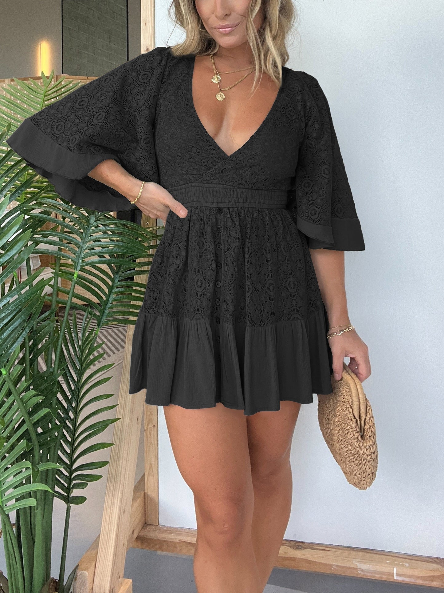 💕Open Back Lace Crochet Romper Dress-displays graceful figure!