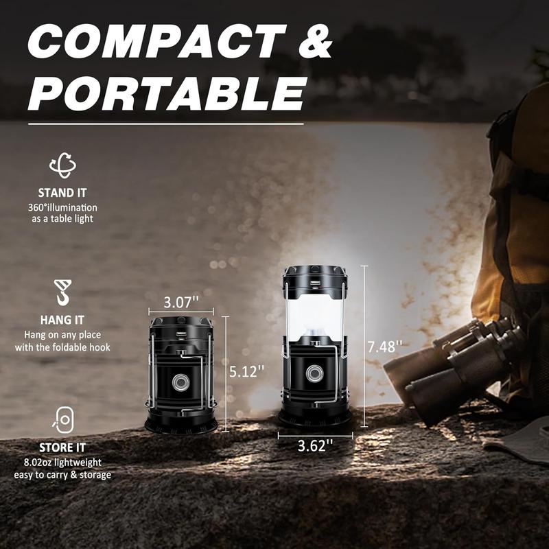 ⛺️Solar Camping Lantern- Rechargeable LED Lights, Magnetic Base & Foldable Hanging Hook- Collapsible Lamp Battery Powered Perfect for Power Outages, Hiking, Emergencies