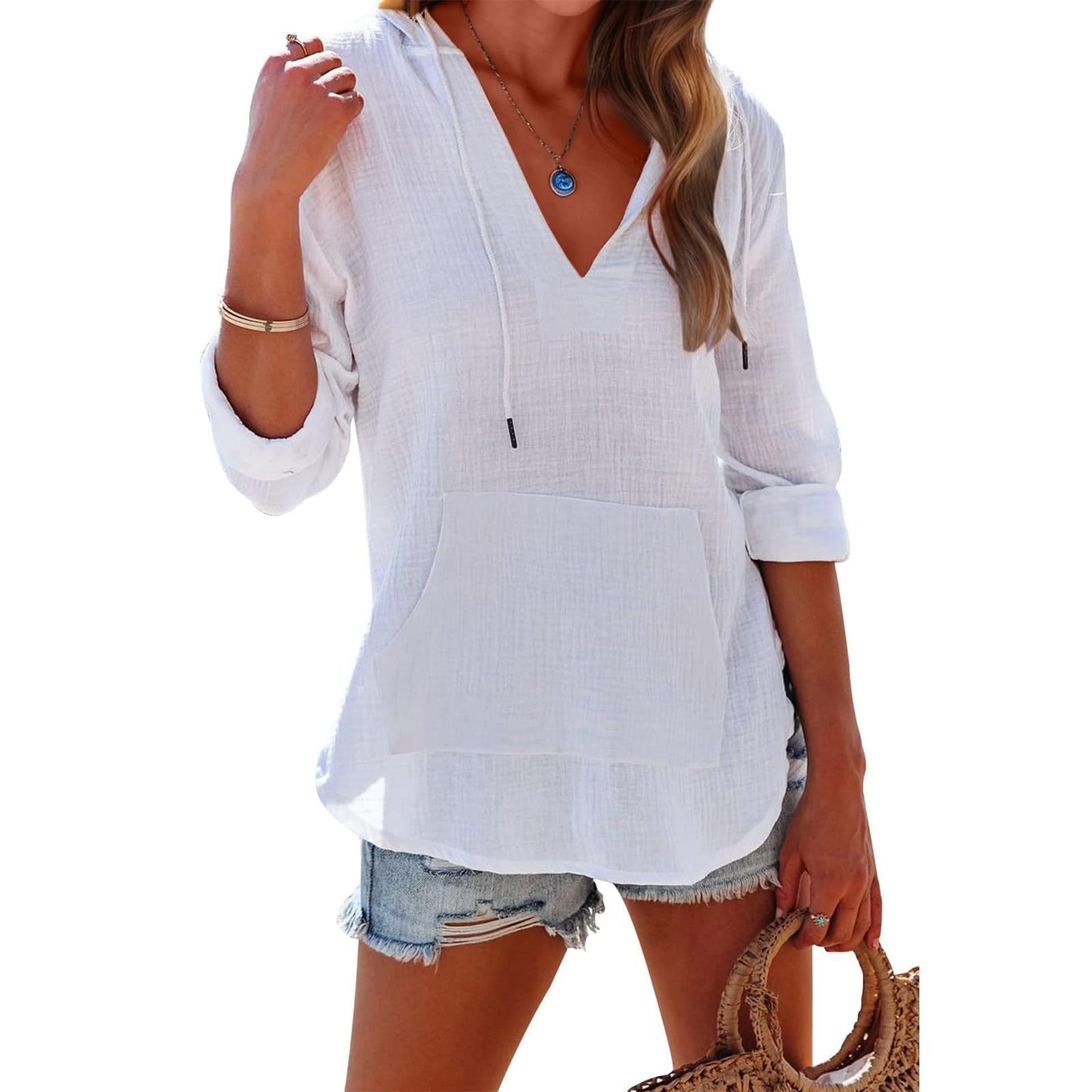⏰Limited Time Sale-50% OFF🏖️Women's Oversized Hooded Beach Cover Up - Long Sleeve V-Neck Pocket Shirt