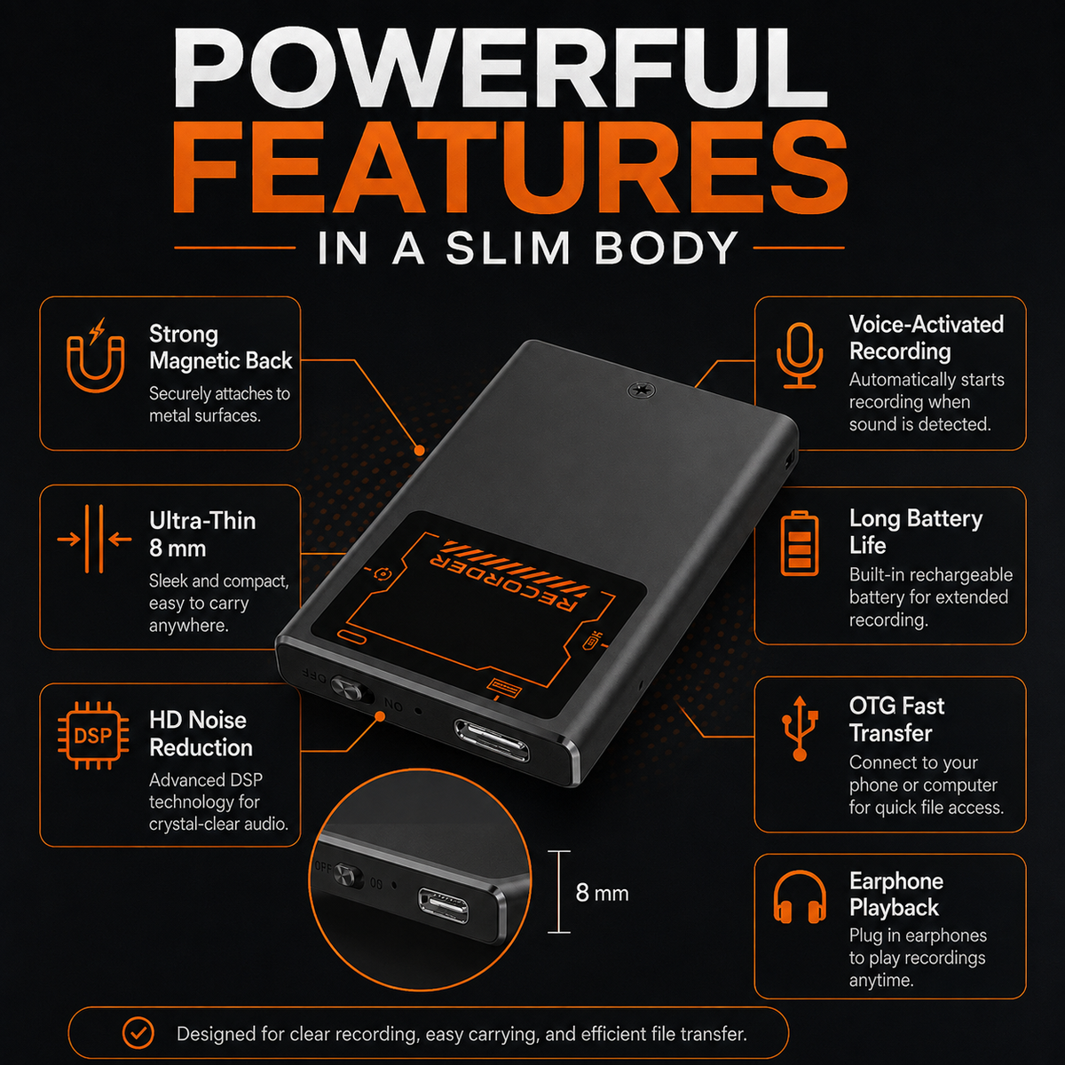 🎙️Smart miniature recorder with magnetic mount – voice activated & ultra-thin