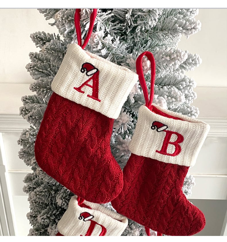 🔥Hot Sale🔥Cozy Knit Socks, Embroidered Candy Gift Bag, Letter Christmas Stocking
