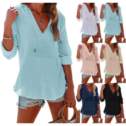 ⏰Limited Time Sale-50% OFF🏖️Women's Oversized Hooded Beach Cover Up - Long Sleeve V-Neck Pocket Shirt