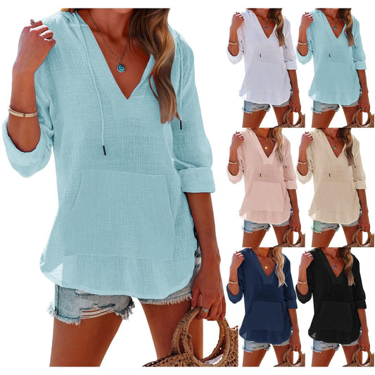 ⏰Limited Time Sale-50% OFF🏖️Women's Oversized Hooded Beach Cover Up - Long Sleeve V-Neck Pocket Shirt