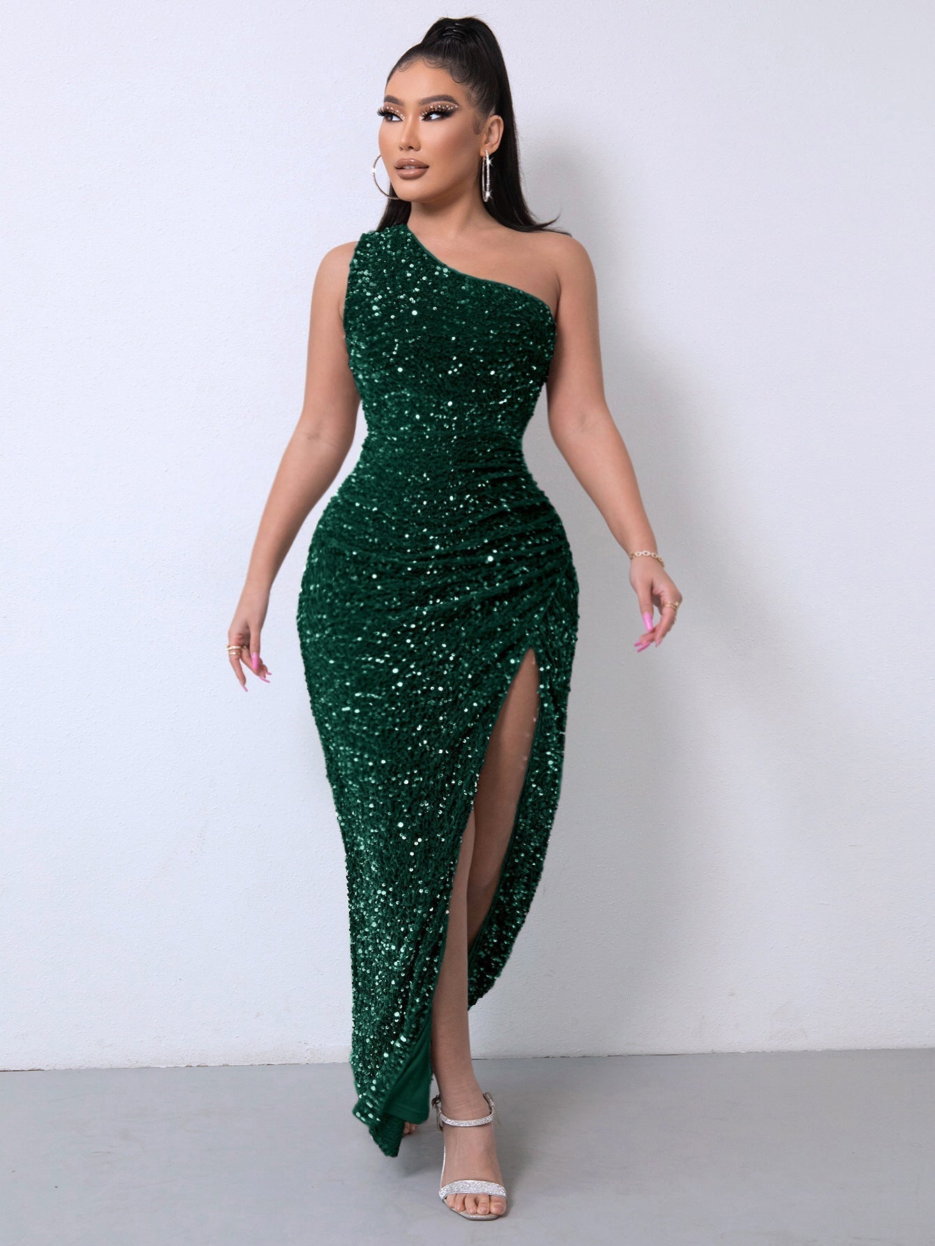 💃LAST DAY SALE 50% OFF!!💋Women's Glitter Sequins One Shoulder Ruched Split Thigh Bodycon Dress