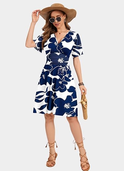 💃Summer Hot Sale 50% OFF🌈Women's Ruffle Sleeve Sexy Sundress Floral V Neck Short Wrap Dress with Pockets
